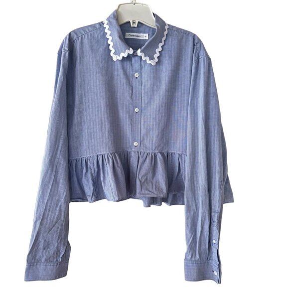 Custom Cropped Ruffle Edge Button Up Shirt L Gingham Mini Checker Rick Rack Trim - Picture 2 of 8